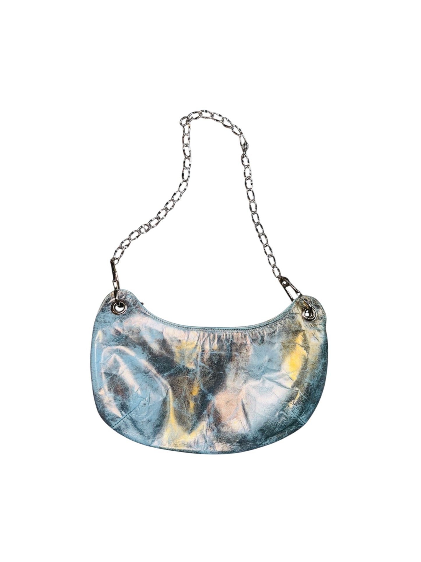 VTG Y2K Due Fratelli Teal Tie Dye 100% Leather Holographic Chain Purse