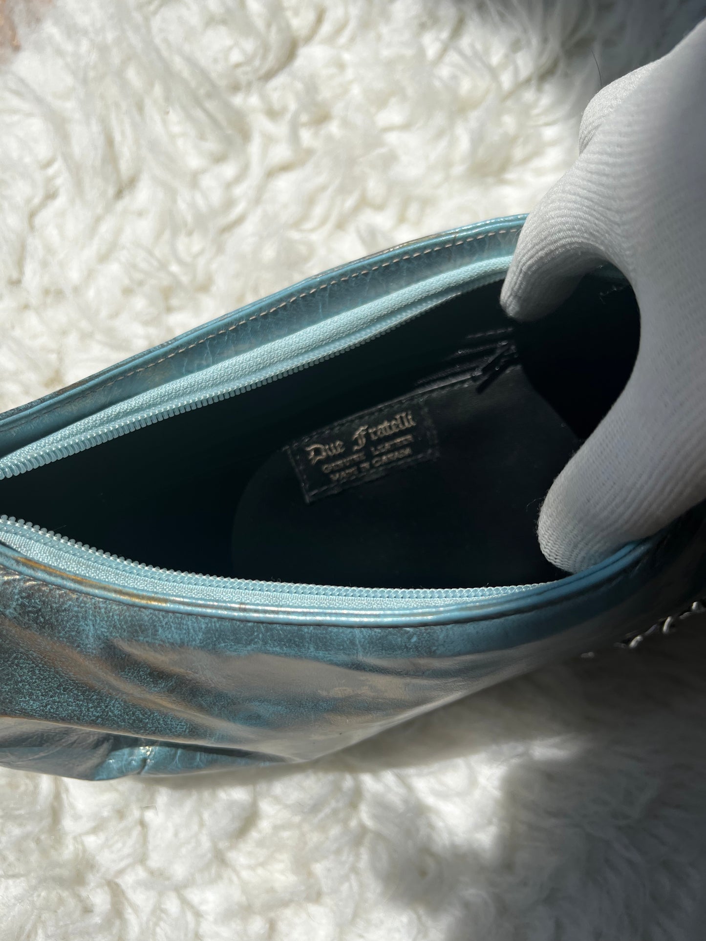 VTG Y2K Due Fratelli Teal Tie Dye 100% Leather Holographic Chain Purse
