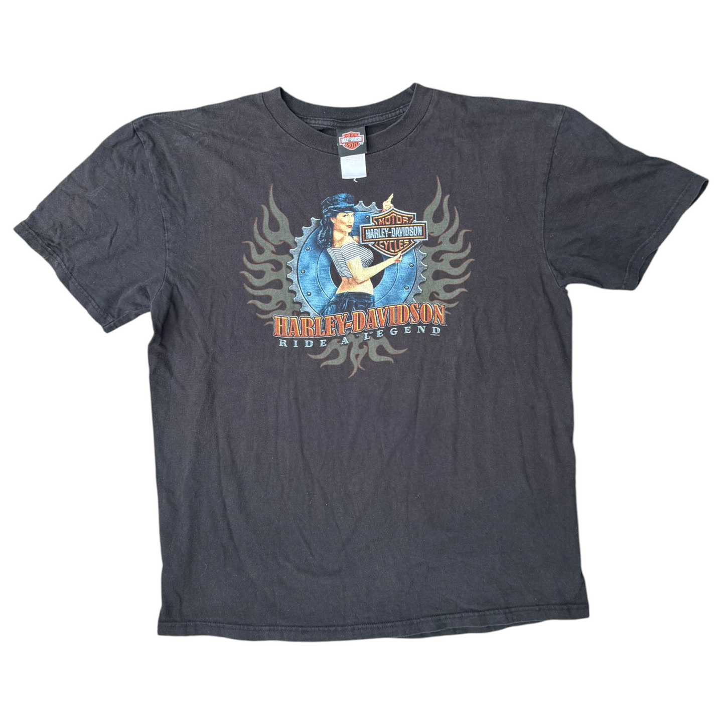 VTG Harley Davidson Pin Up Girl Ride A Legend Fargo ON Graphic T-Shirt Size: XL