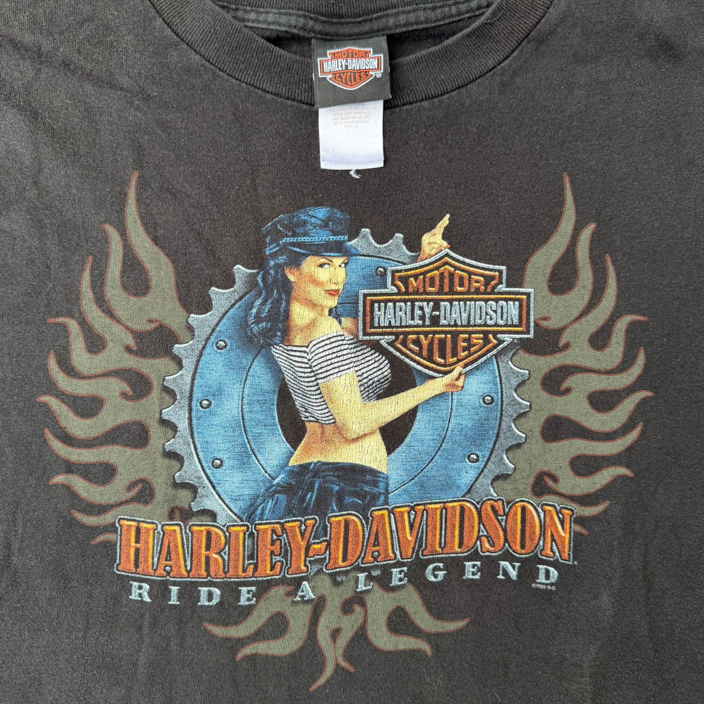 VTG Harley Davidson Pin Up Girl Ride A Legend Fargo ON Graphic T-Shirt Size: XL