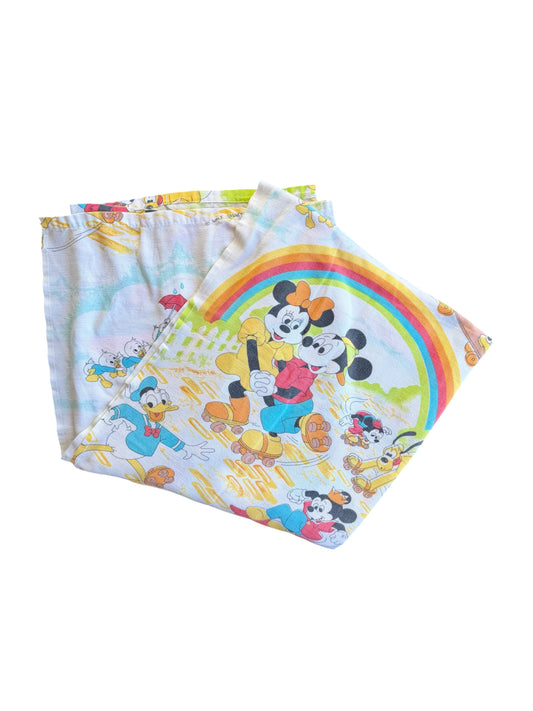VTG '80s Disney Mickey & Friends Rainbow Skating Flat Sheet Size: TWIN