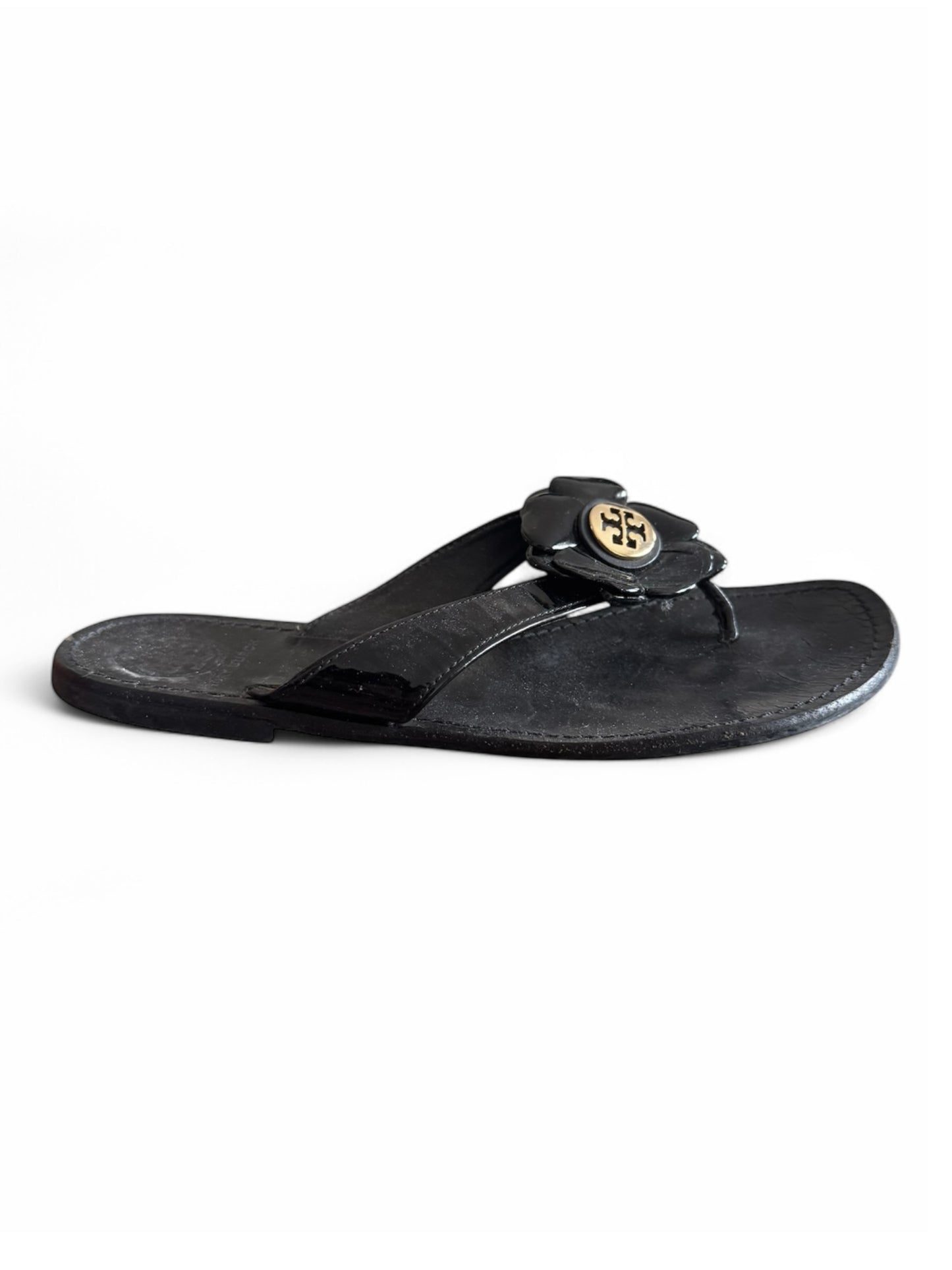 Tory Burch Breely Black Patent Gold Logo Flower Flip-Flops Sandals US 7