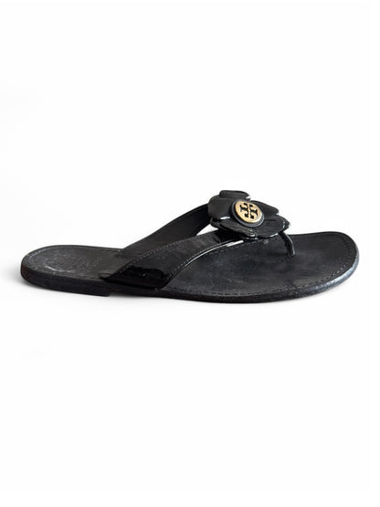 Tory Burch Breely Black Patent Gold Logo Flower Flip-Flops Sandals US 7