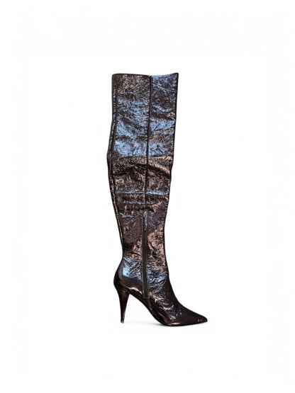 Black Suede Studio Women's Adrienne Metallic Boots Heels in Pewter EU 37