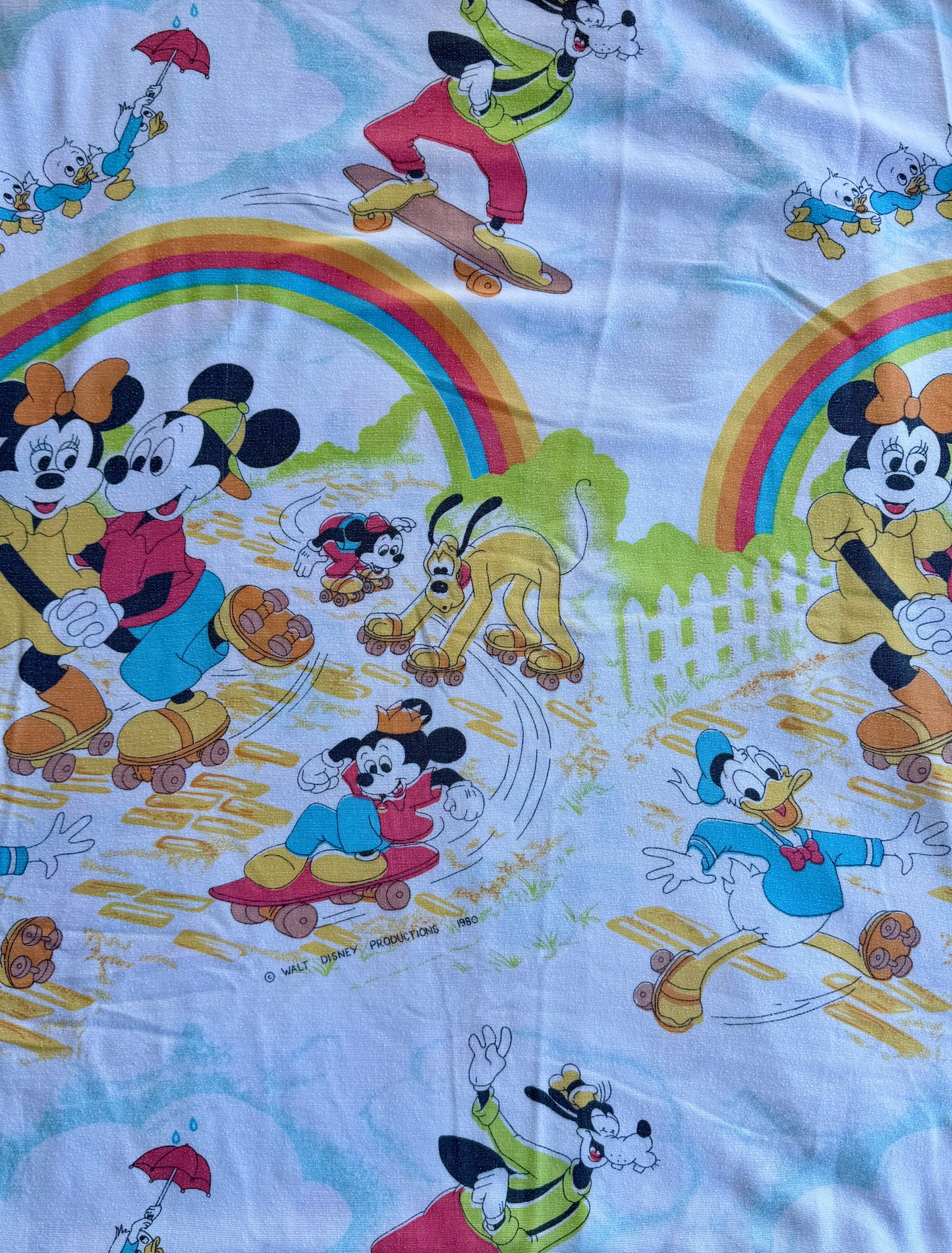 VTG '80s Disney Mickey & Friends Rainbow Skating Flat Sheet Size: TWIN