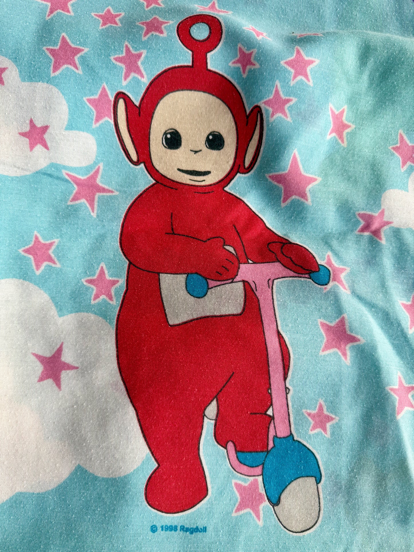VTG ‘90s Teletubbies Toddler Crib Flat Bed Sheet Blue Big Hug BBC Ragdoll