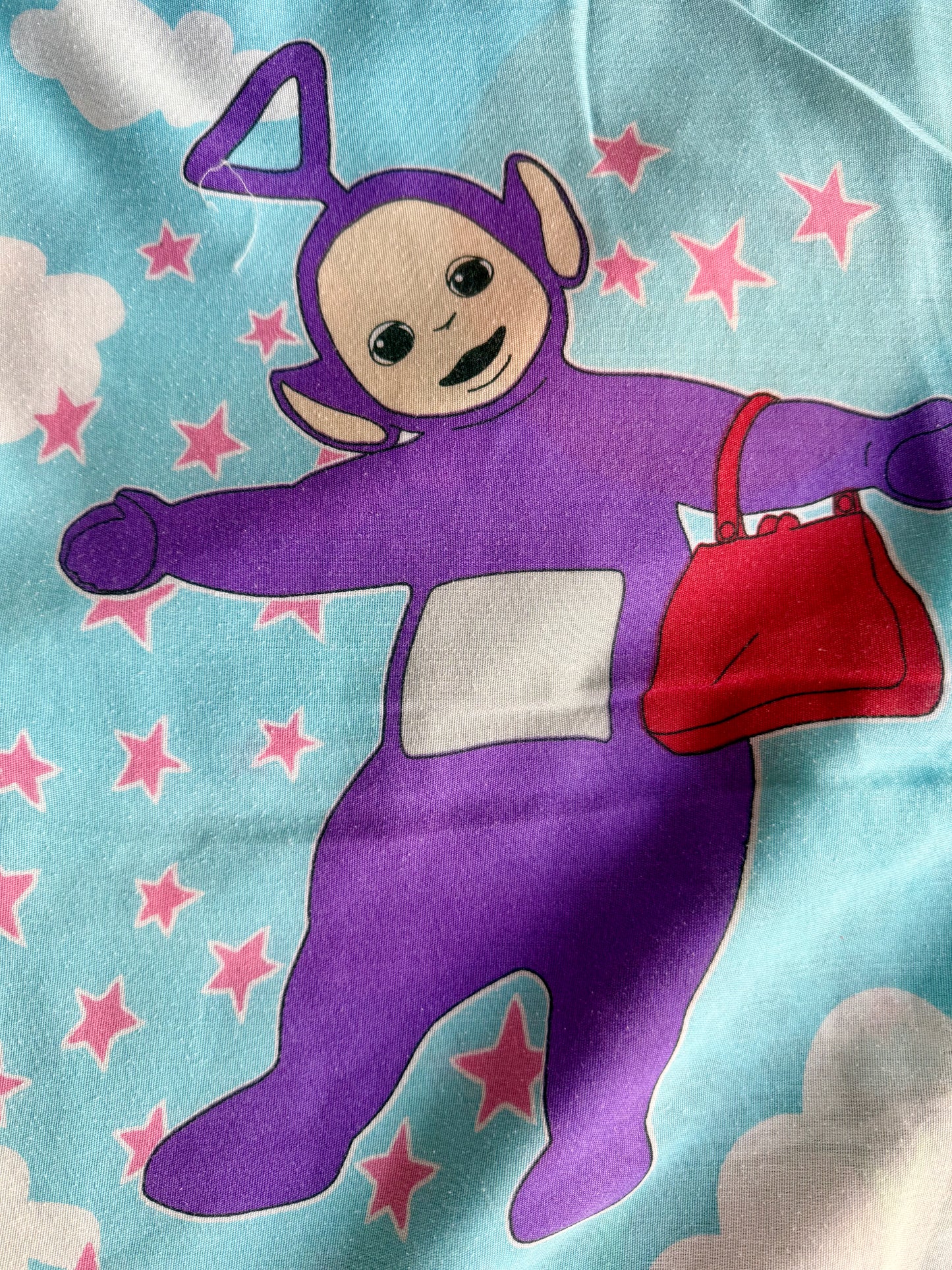 VTG ‘90s Teletubbies Toddler Crib Flat Bed Sheet Blue Big Hug BBC Ragdoll