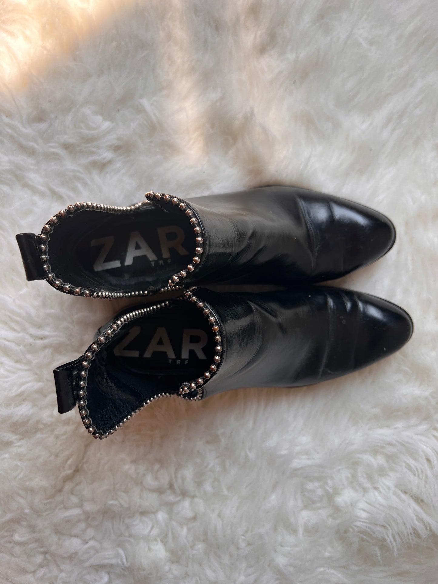 Zara Leather Black Studded Ankle Boots EU 39