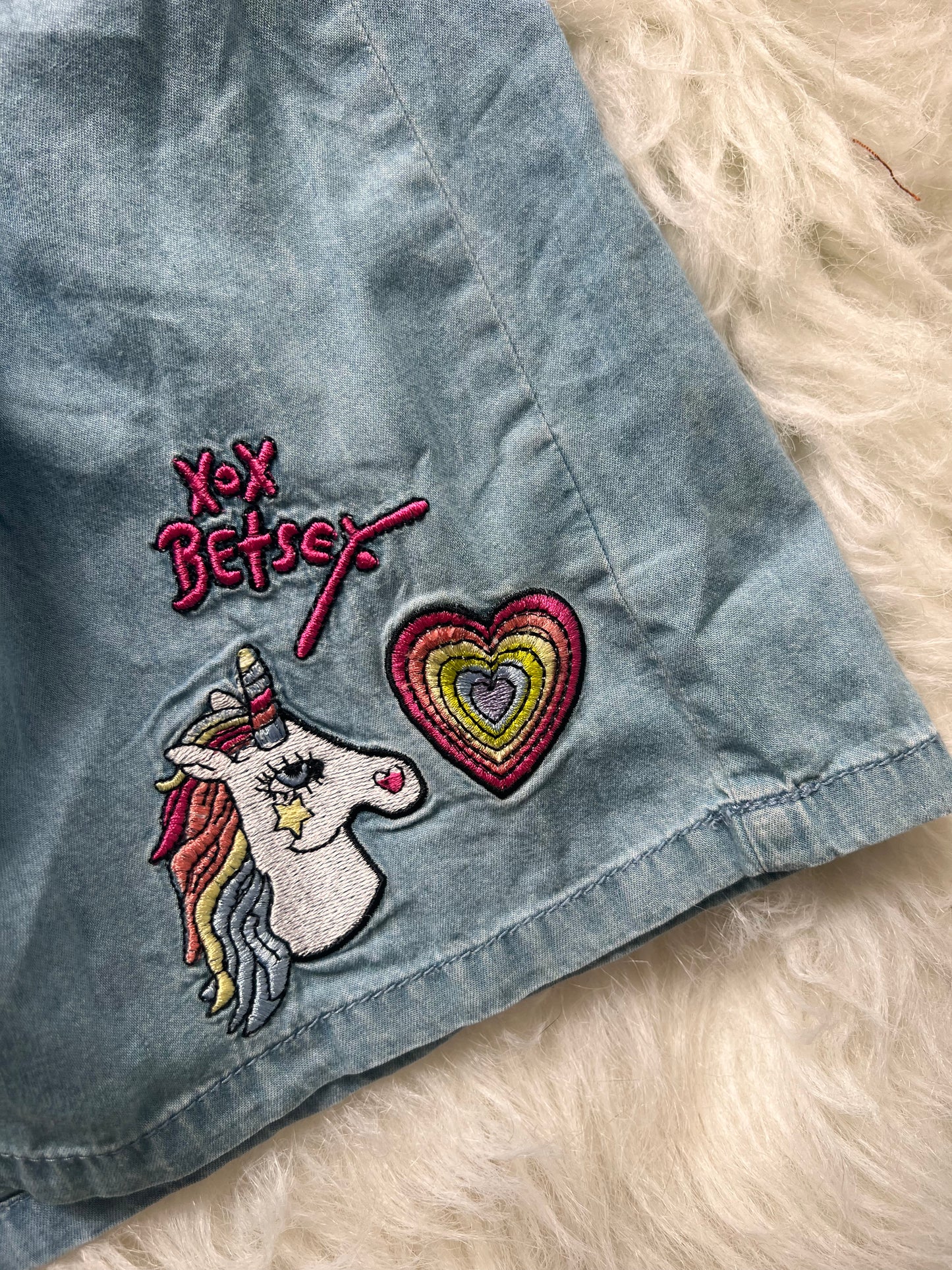 Betsey Johnson Blue Jean Chambray Embroidered Girls Dress Unicorn Heart Size: 12
