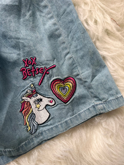 Betsey Johnson Blue Jean Chambray Embroidered Girls Dress Unicorn Heart Size: 12