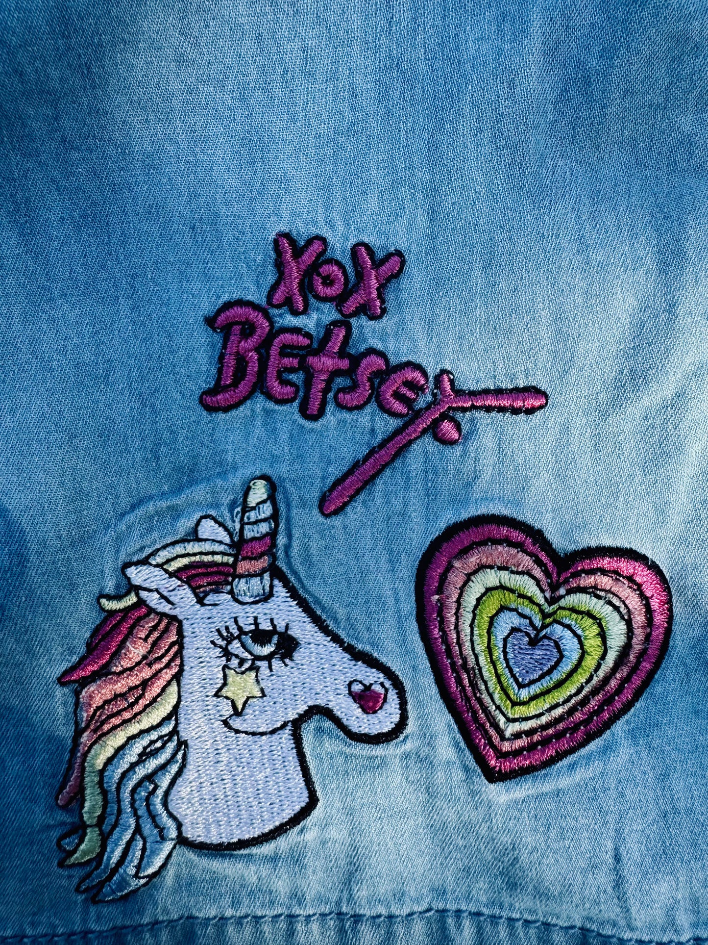 Betsey Johnson Blue Jean Chambray Embroidered Girls Dress Unicorn Heart Size: 12