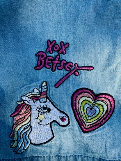 Betsey Johnson Blue Jean Chambray Embroidered Girls Dress Unicorn Heart Size: 12