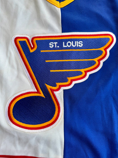 Close-up of St. Louis Blues team logo on 1990s CCM VTG NHL hockey jersey
