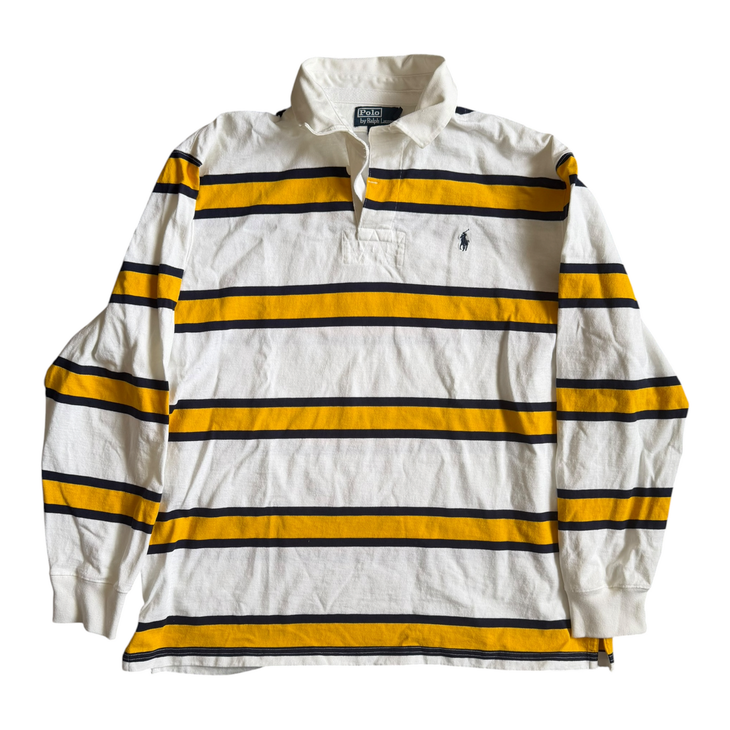 VTG Polo Ralph Lauren Rugby Shirt Long Sleeve White Yellow Striped Size: XL
