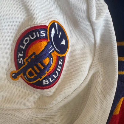 Close-up of shoulder patch on VTG 1990s St. Louis Blues CCM NHL jersey
