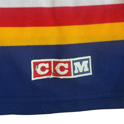 Close-up of CCM branding on bottom right of VTG 1990s St. Louis Blues NHL jersey
