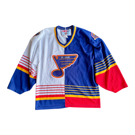 VTG 1990s St. Louis Blues CCM NHL split hockey jersey size S – front view
