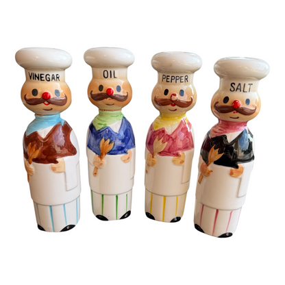 VTG Retro Ceramic Chef Salt Pepper Oil Vinegar Condiment Cruet Set Made in Japan